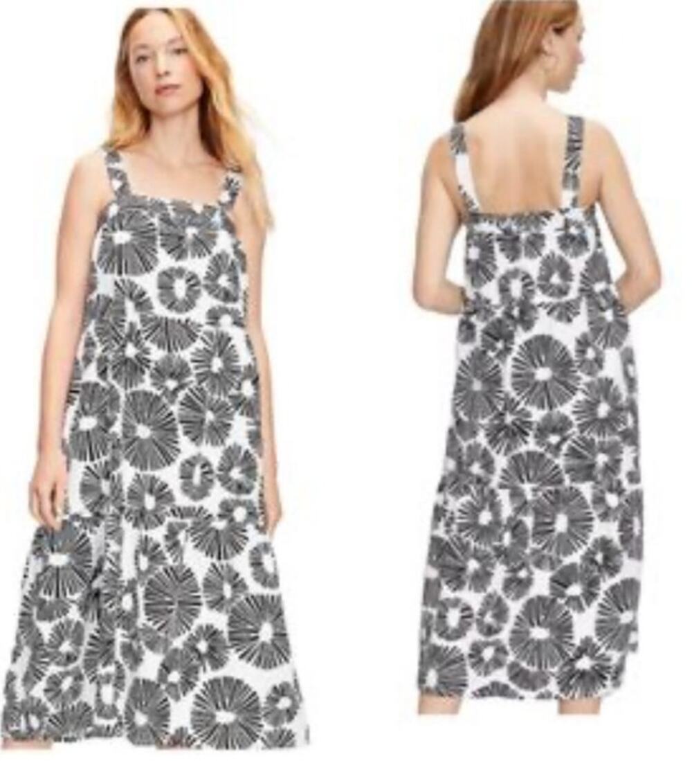 LOFT Firework Print Tiered Square Neck Linen Blend Midi Dress Sz S